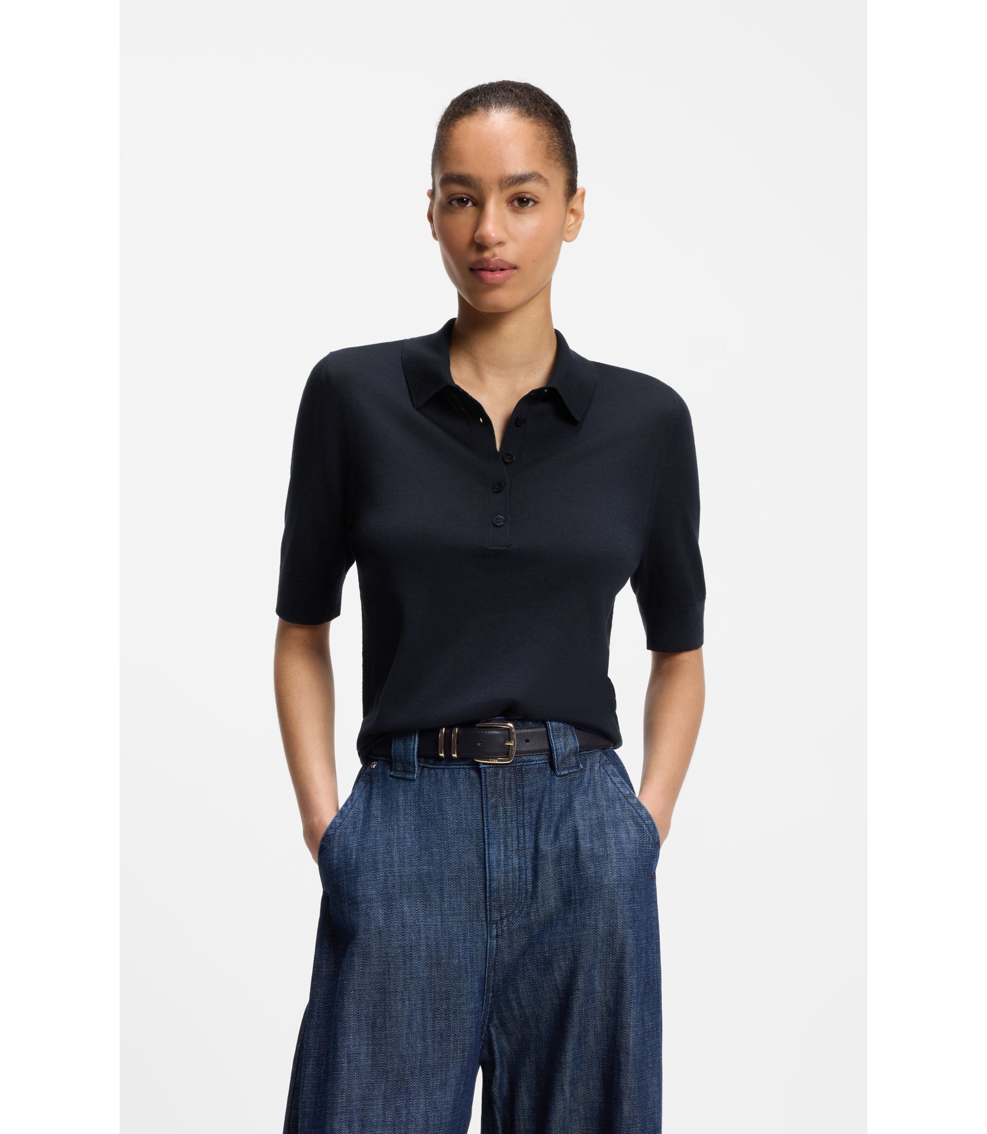 Kurzärmeliger Pullover aus Merinowolle mit Polokragen