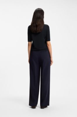 Pull en laine m&eacute;rinos &agrave; col polo et &agrave; manches courtes, Bleu fonc&eacute;