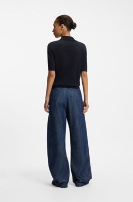 Kurz&auml;rmeliger Pullover aus Merinowolle mit Polokragen, Dunkelblau