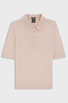 Short-sleeved sweater in merino wool with polo collar, light pink
