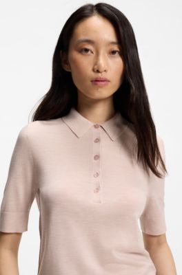 Kort&auml;rmad tr&ouml;ja i merinoull med pik&eacute;krage, Light Pink