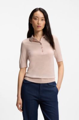 Short-sleeved sweater in merino wool with polo collar, Light Pink