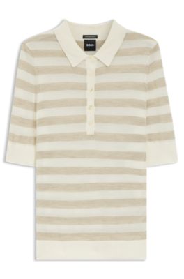 Short-sleeved sweater in merino wool with polo collar, Light Beige
