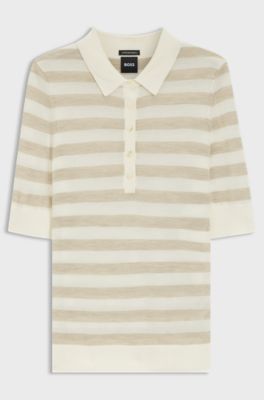 Sweater med korte &aelig;rmer i merinould med polokrave, Lys beige