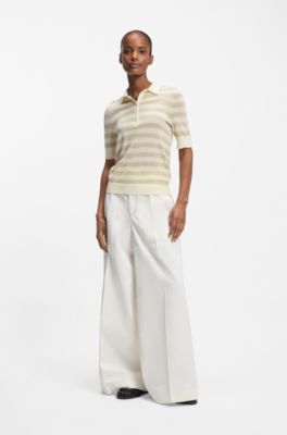 Sweater med korte &aelig;rmer i merinould med polokrave, Lys beige