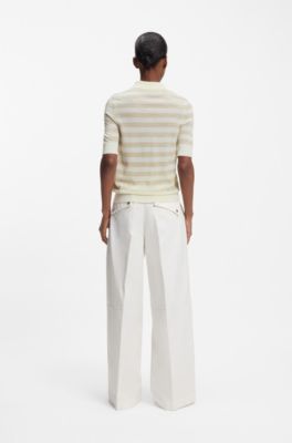 Sweater med korte &aelig;rmer i merinould med polokrave, Lys beige