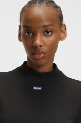 Bodyconjurk van stretchkatoen met logopatch, Zwart