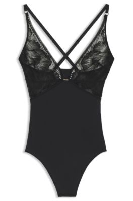Stretch-microfibre bodysuit with lace details, Black