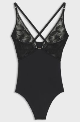 Stretch-microfibre bodysuit with lace details, Black