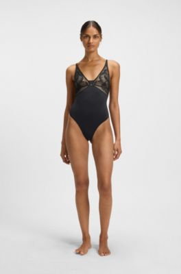 Stretch-microfibre bodysuit with lace details, Black