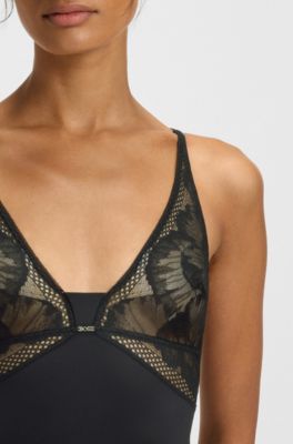 Stretch-microfibre bodysuit with lace details, Black