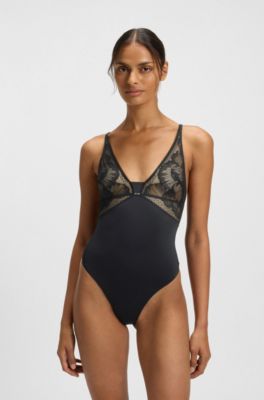 Stretch-microfibre bodysuit with lace details, Black