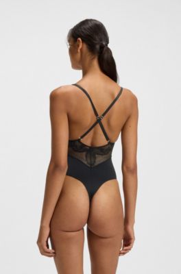Stretch-microfibre bodysuit with lace details, Black