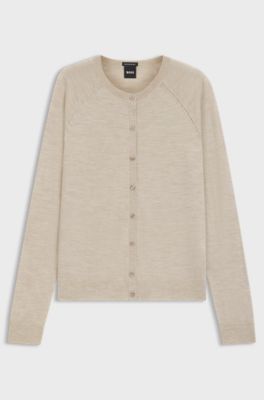 Crew-neck cardigan in superfine merino wool, Light Beige