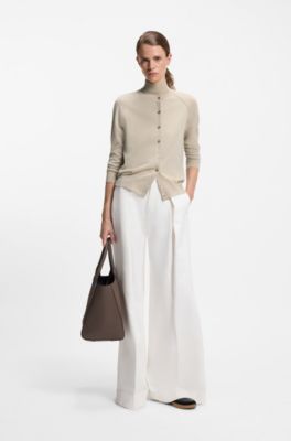 Crew-neck cardigan in superfine merino wool, Light Beige