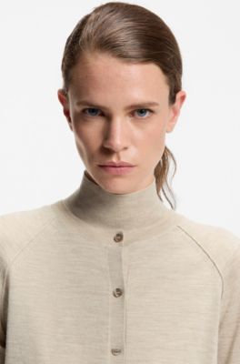 Crew-neck cardigan in superfine merino wool, Light Beige