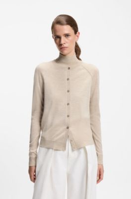 Crew-neck cardigan in superfine merino wool, Light Beige
