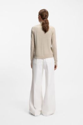 Crew-neck cardigan in superfine merino wool, Light Beige