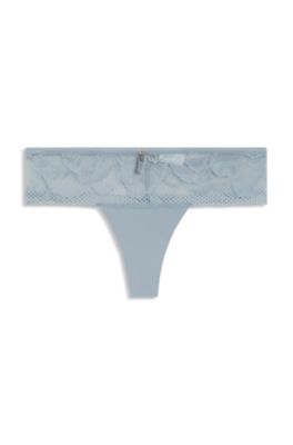Thong in microfibre with peony lace, Light Blue