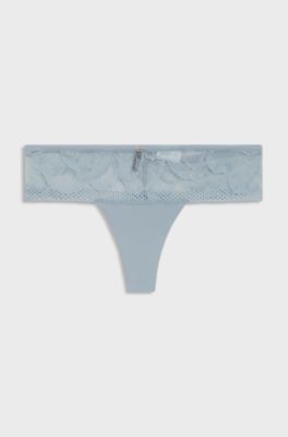 Thong in microfibre with peony lace, Light Blue