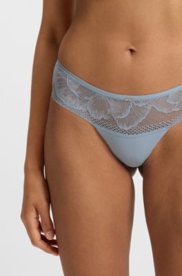 Thong in microfibre with peony lace, Light Blue