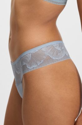 Thong in microfibre with peony lace, Light Blue