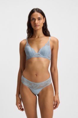 Thong in microfibre with peony lace, Light Blue