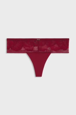Thong in microfibre with peony lace, Dark Red