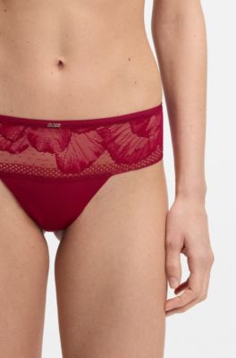 Thong in microfibre with peony lace, Dark Red