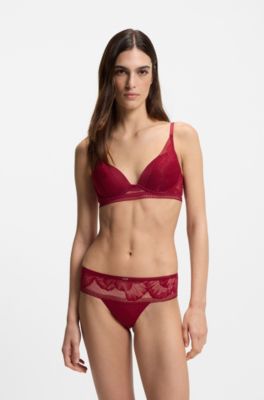 Thong in microfibre with peony lace, Dark Red