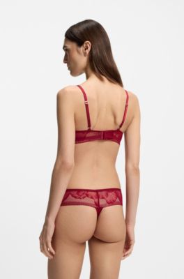 Thong in microfibre with peony lace, Dark Red