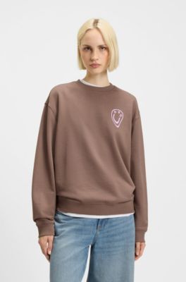 All-gender sweatshirt with Happy HUGO artwork, Brown