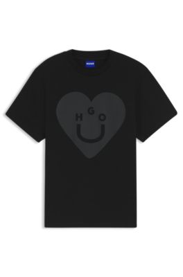 Cotton-jersey T-shirt with Happy HUGO graphic, Black