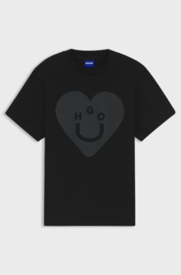 Cotton-jersey T-shirt with Happy HUGO graphic, Black