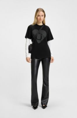 Cotton-jersey T-shirt with Happy HUGO graphic, Black