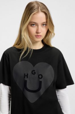 Cotton-jersey T-shirt with Happy HUGO graphic, Black