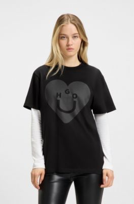 Cotton-jersey T-shirt with Happy HUGO graphic, Black