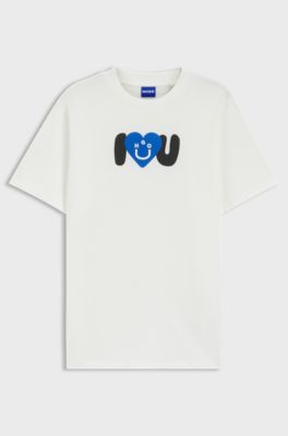 Cotton-jersey T-shirt with Happy HUGO graphic, White