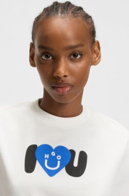 Cotton-jersey T-shirt with Happy HUGO graphic, White