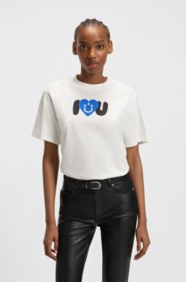 Cotton-jersey T-shirt with Happy HUGO graphic, White