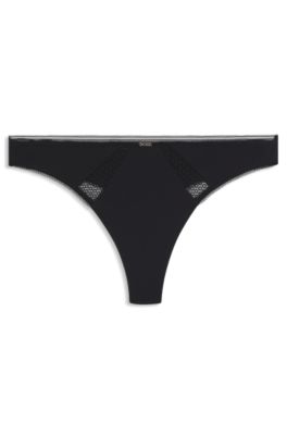 Microfibre thong with lace inserts, Black