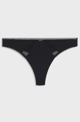 Microfibre thong with lace inserts, Black