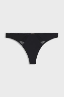Microfibre thong with lace inserts, Black