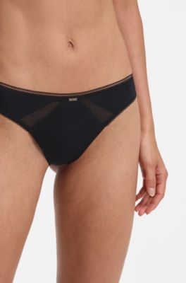 Microfibre thong with lace inserts, Black