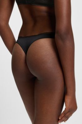 Microfibre thong with lace inserts, Black