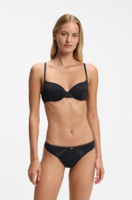 Microfibre thong with lace inserts, Black