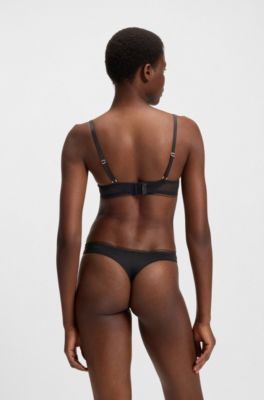 Microfibre thong with lace inserts, Black