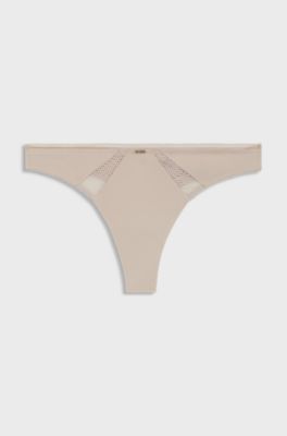 Tanga in microfibra con inserti in pizzo, Beige chiaro