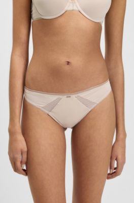 Microfibre thong with lace inserts, Light Beige