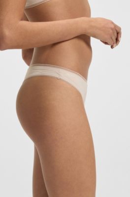 Microfibre thong with lace inserts, Light Beige